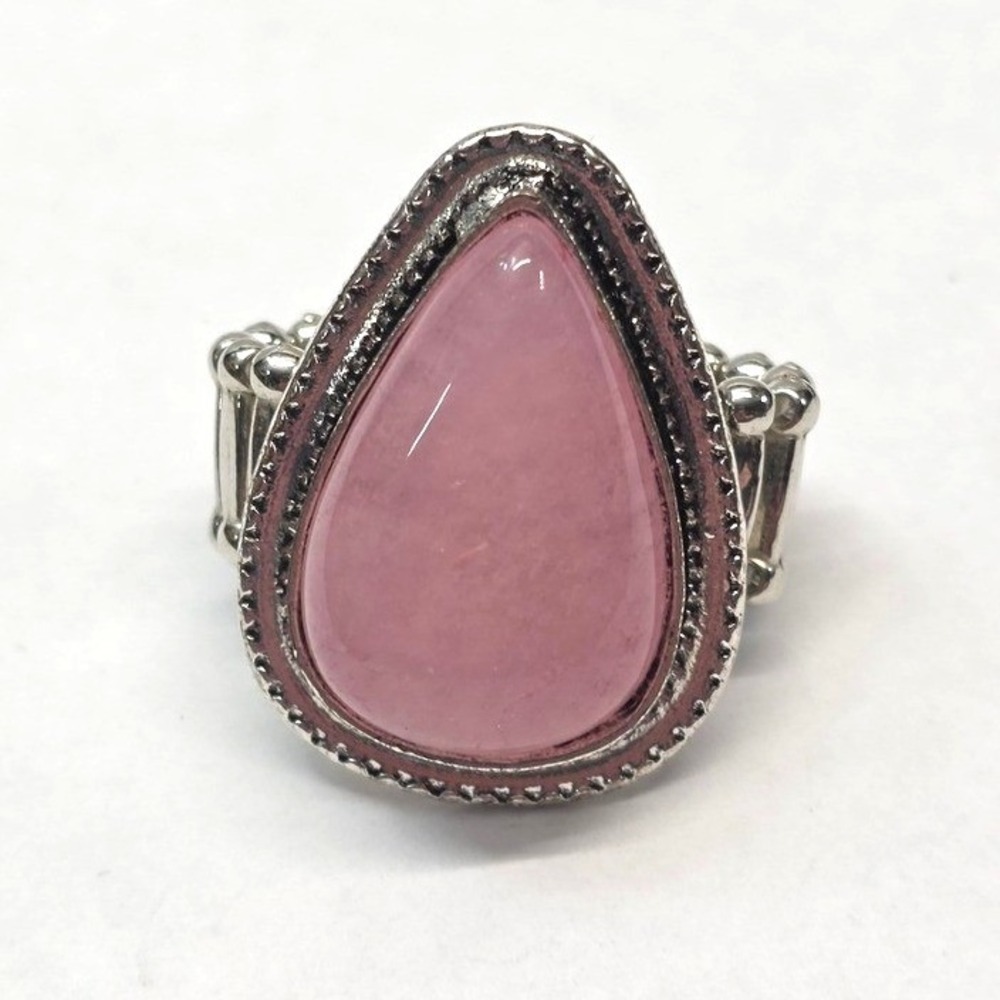 New Cold Pink Tear Drop Pear Stone Statement Ring Silver Tone Stretch Band OSFM